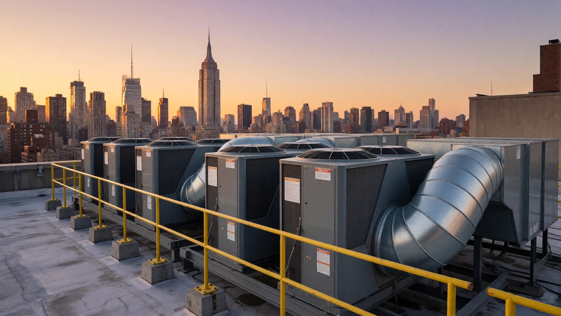Rooftop HVAC units overlooking the Manhattan skyline at dusk