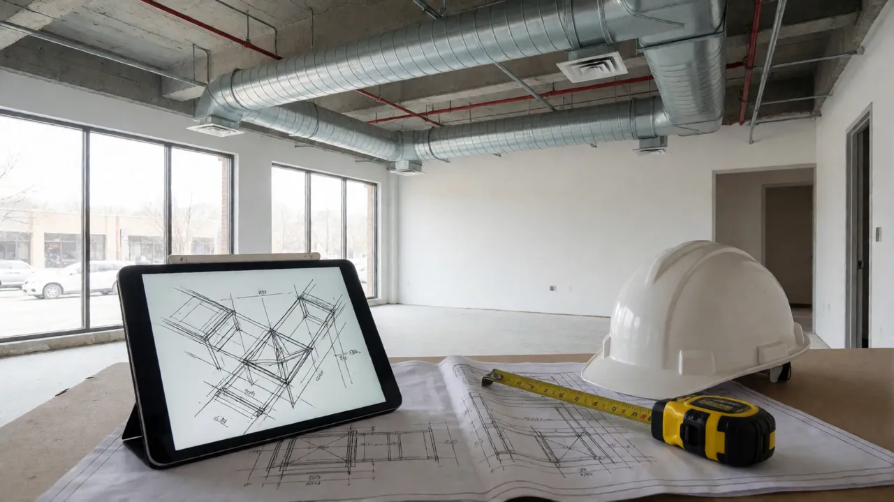 Mechanical drawings and a tablet on a site table beneath new ductwork