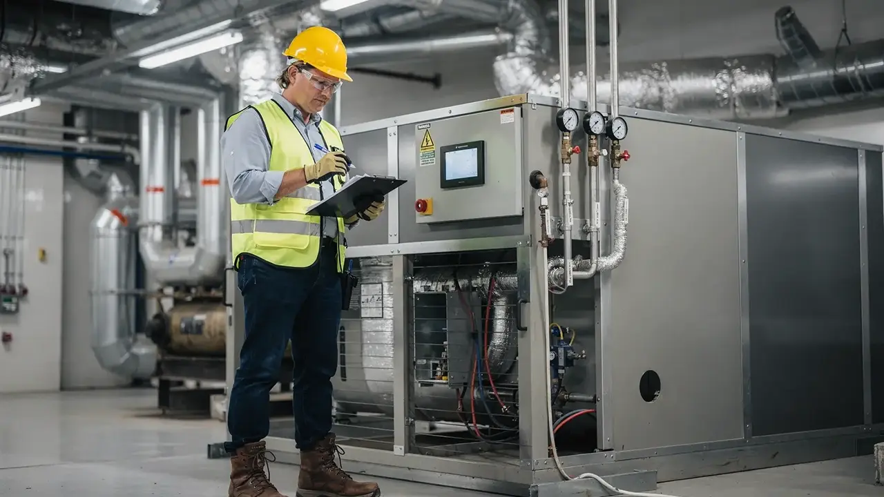 HVAC technician inspecting commercial equipment