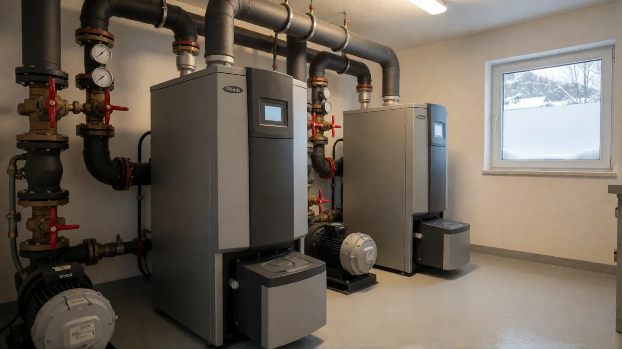 Commercial mechanical room with hydronic piping and a heating unit prepared for winter